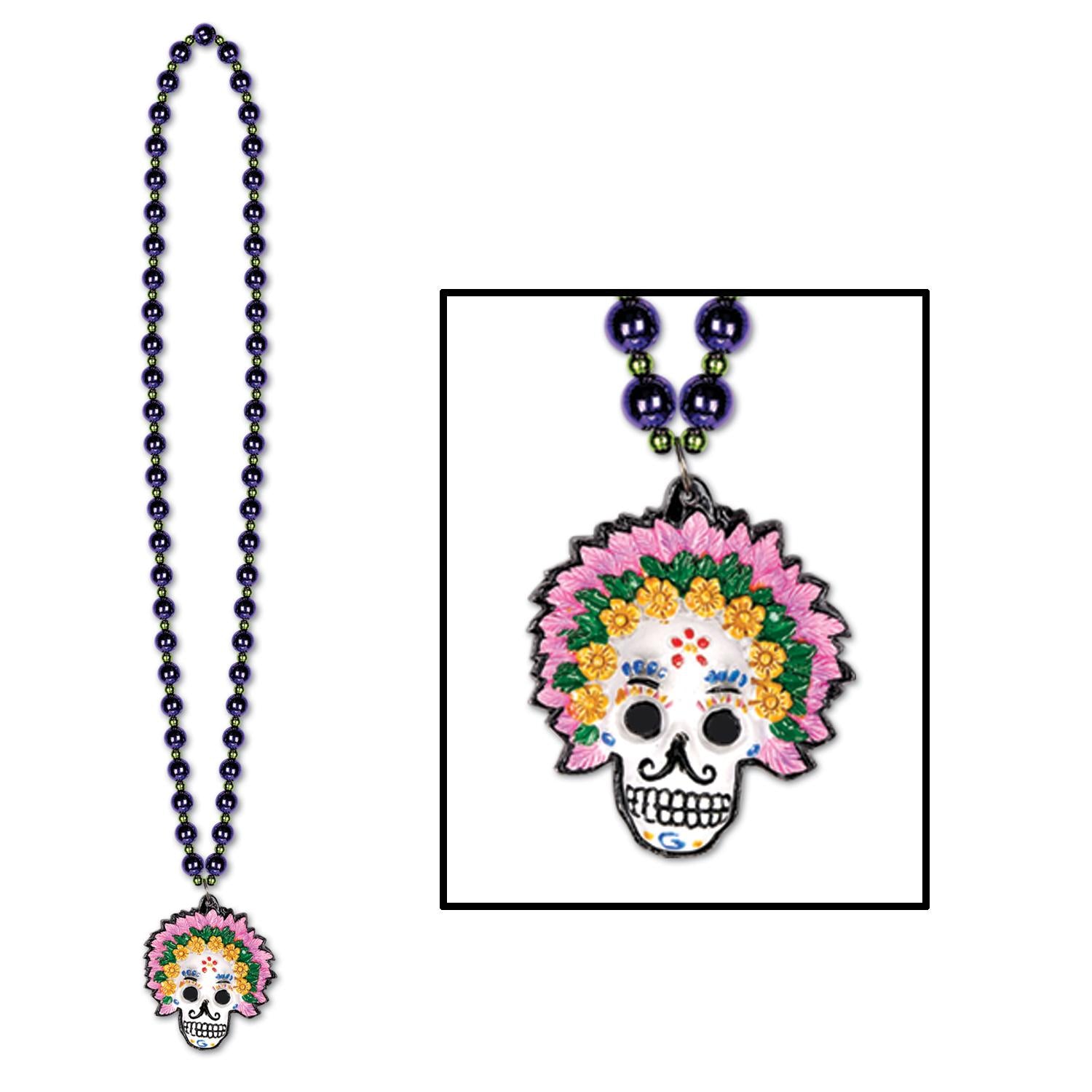 Beistle Bead Necklaces with Day Of The Dead Medallion