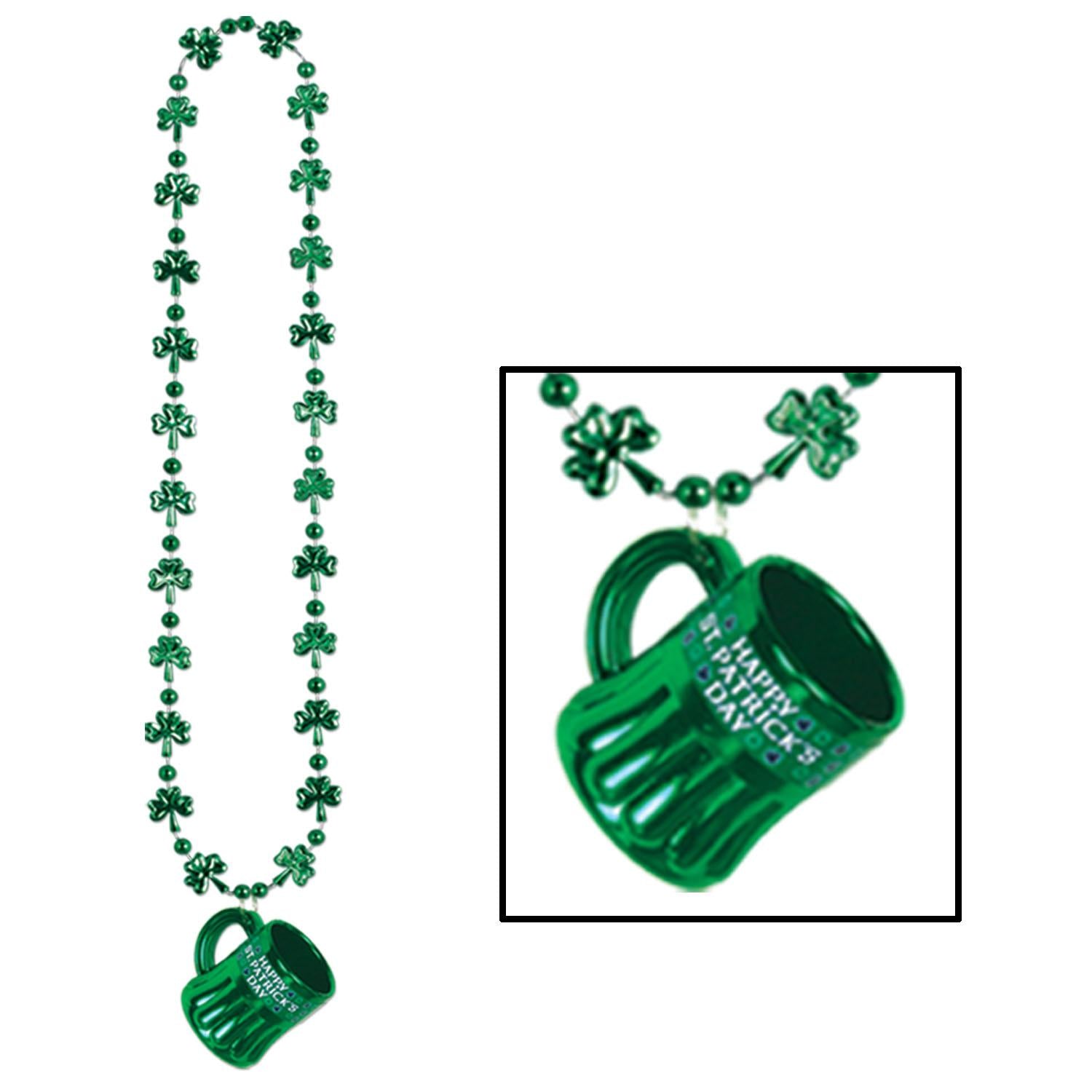 St. Patrick's Day Shamrock Bead Necklaces with Happy St Pat's Mug