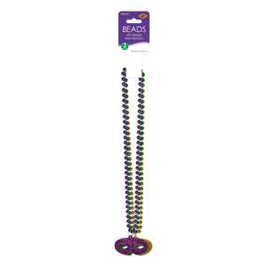 Beistle Beads with Glittered Mask Medallion - 33-inch Size - Mardi Gras Beads with Medallion