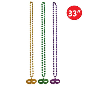 Beistle Beads with Glittered Mask Medallion - 33-inch Size - Mardi Gras Beads with Medallion