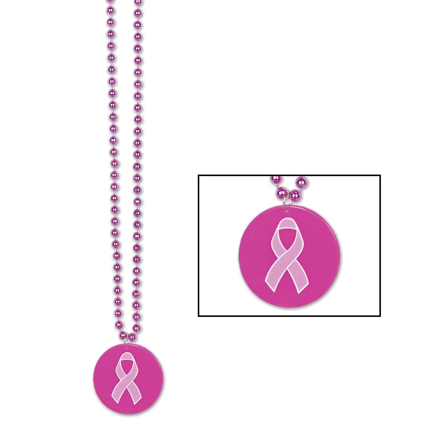 Beistle Bead Necklaces with Printed Pink Ribbon Medallion