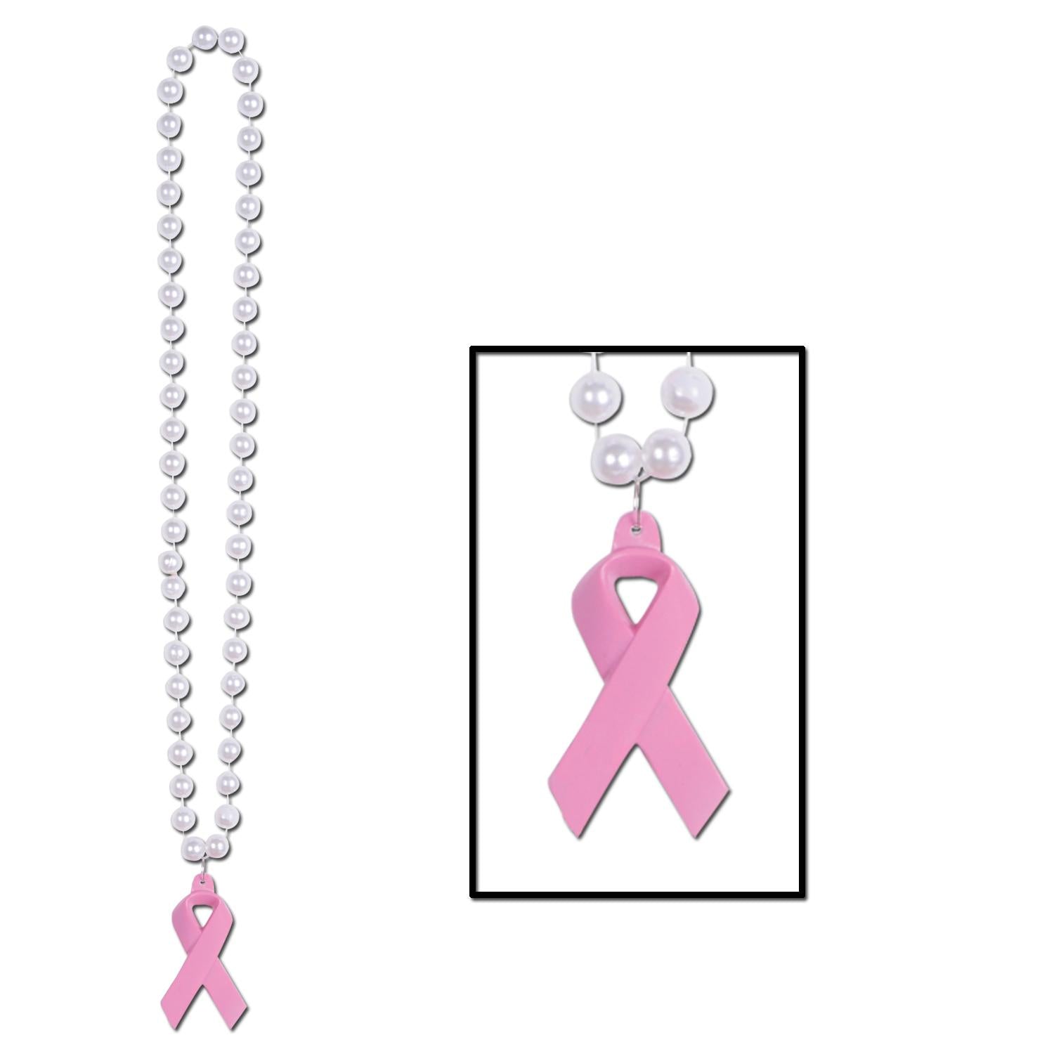 Beistle Bead Necklaces with Pink Ribbon Medallion