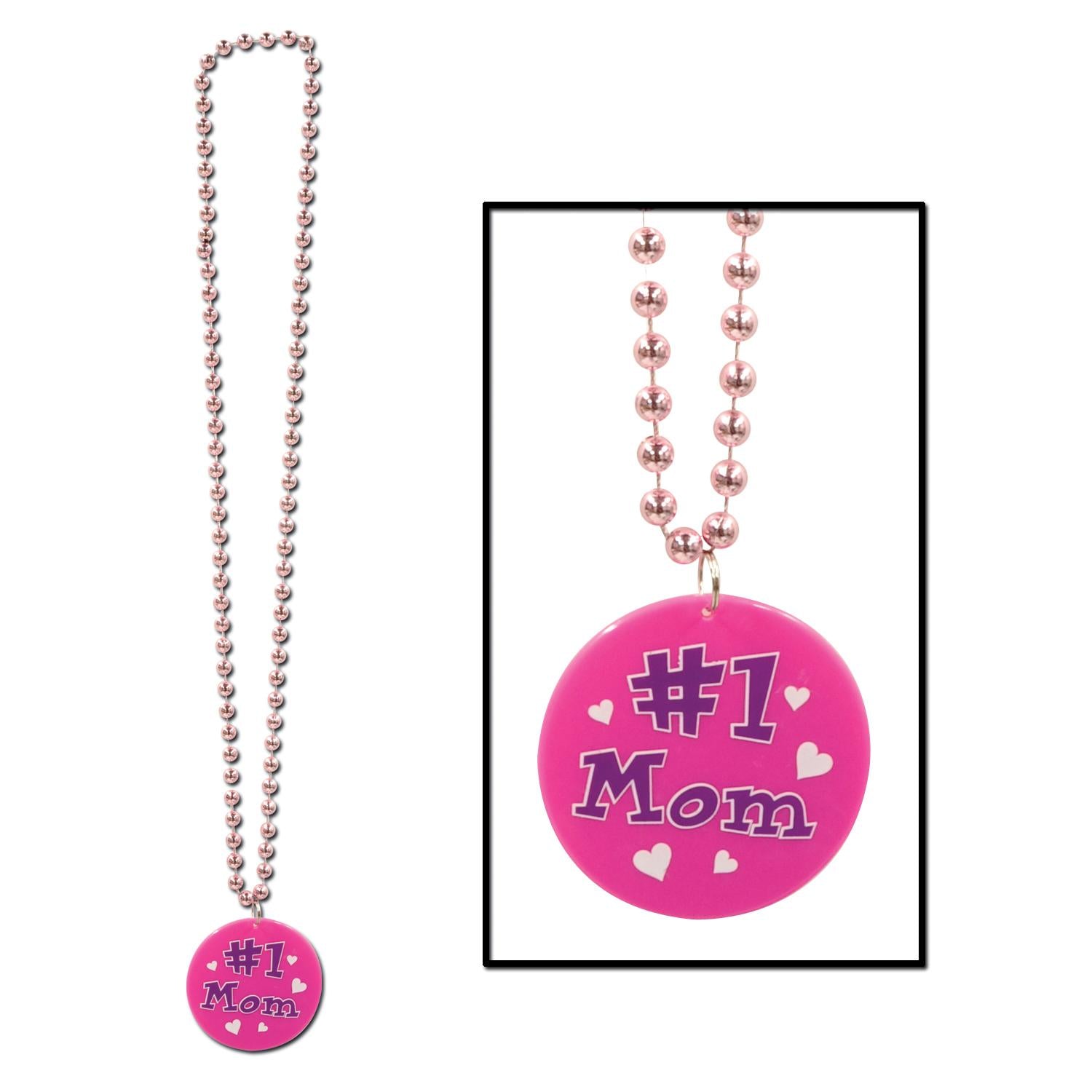Bead Necklace with Printed #1 Mom Mother's Day Medallion