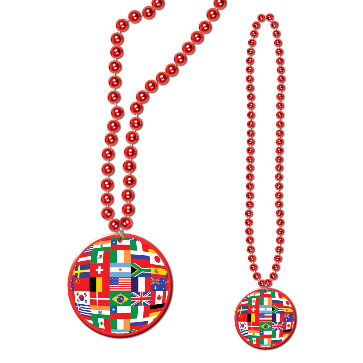 Beistle Party Bead Necklaces with International Flag Medallion