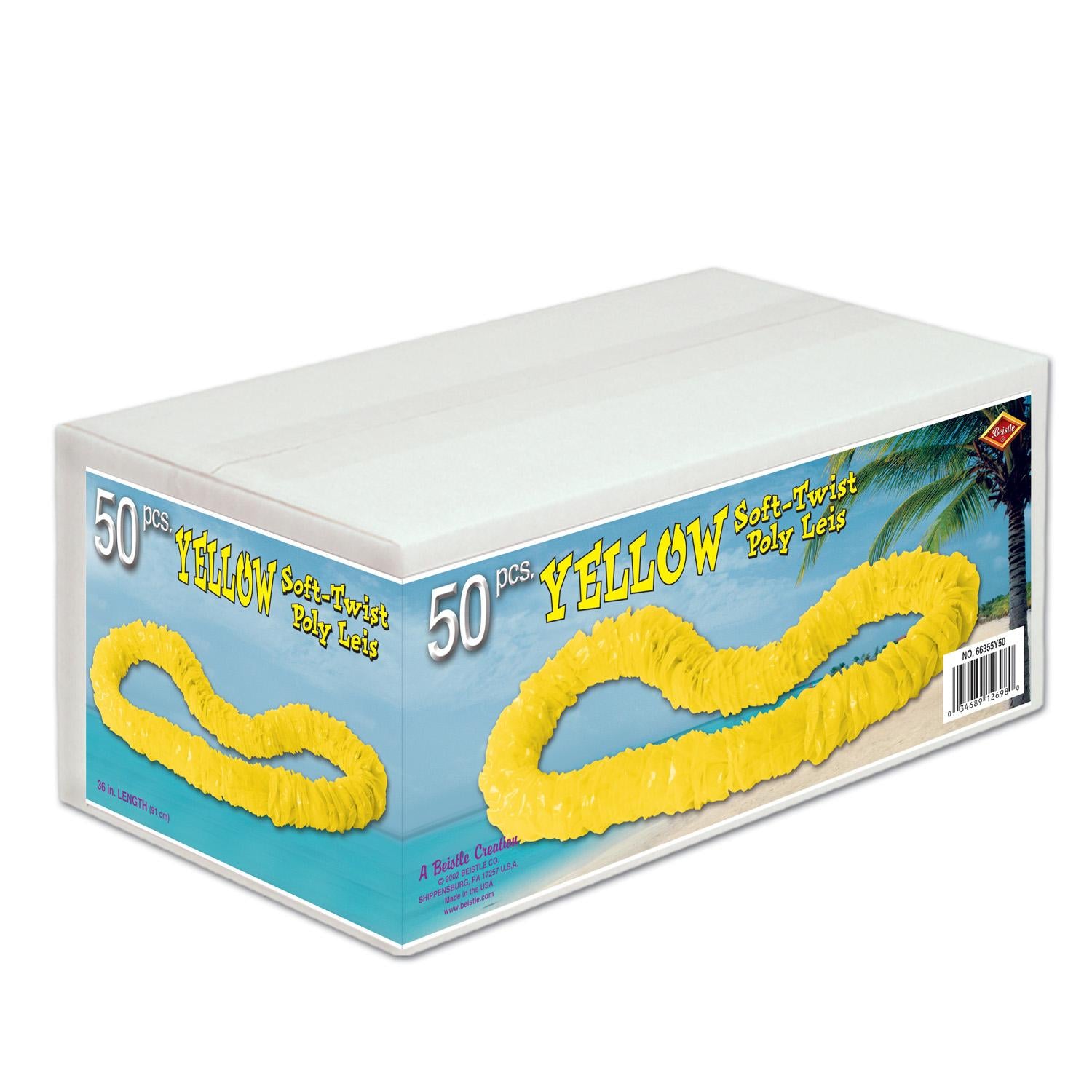 Luau Party Yellow Soft-Twist Poly Leis with Labeled Box (One Box of 50)