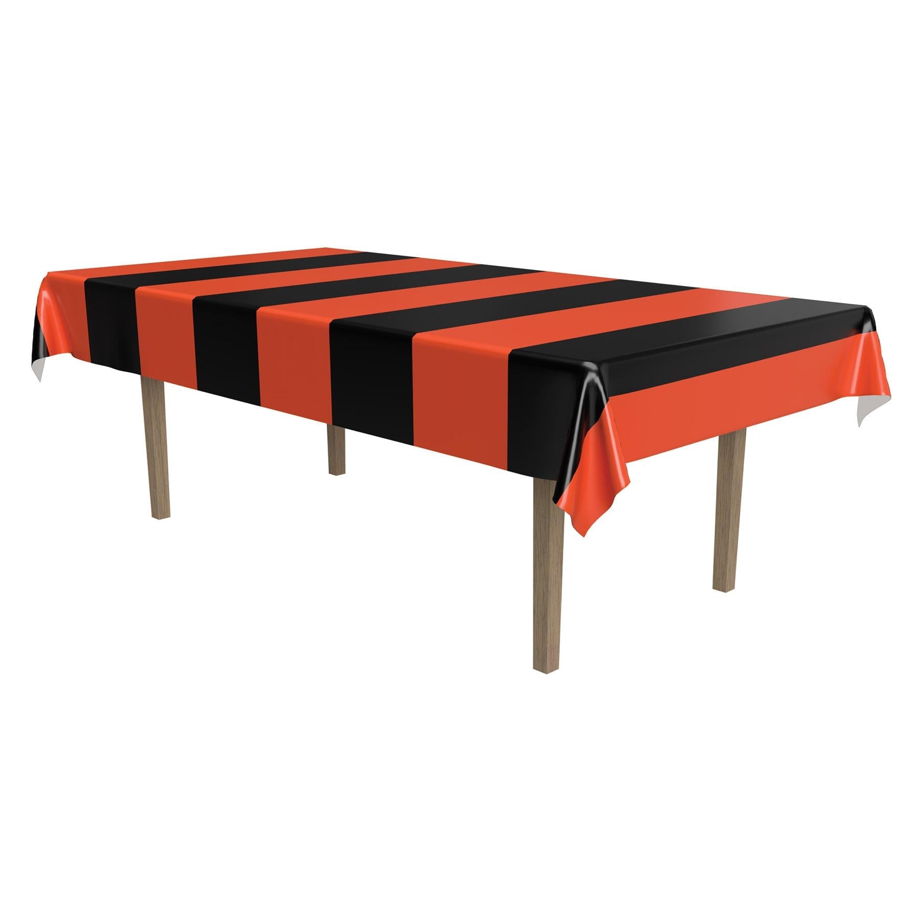 Orange and black striped plastic tablecover, a Halloween office decoration with no skulls or gore
