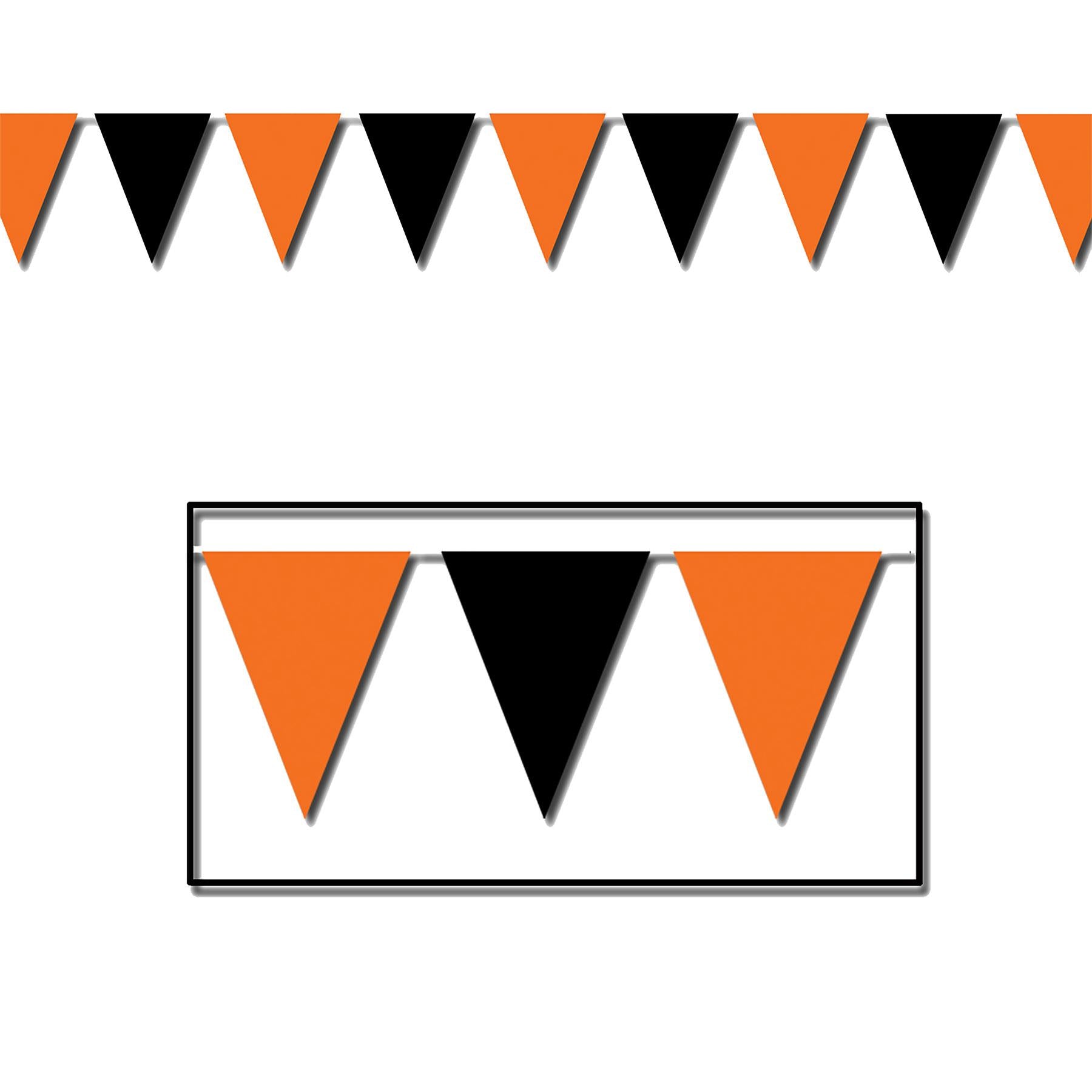 Orange and black all-weather pennant banner strung along a wall, a durable Halloween decoration for bars and restaurants