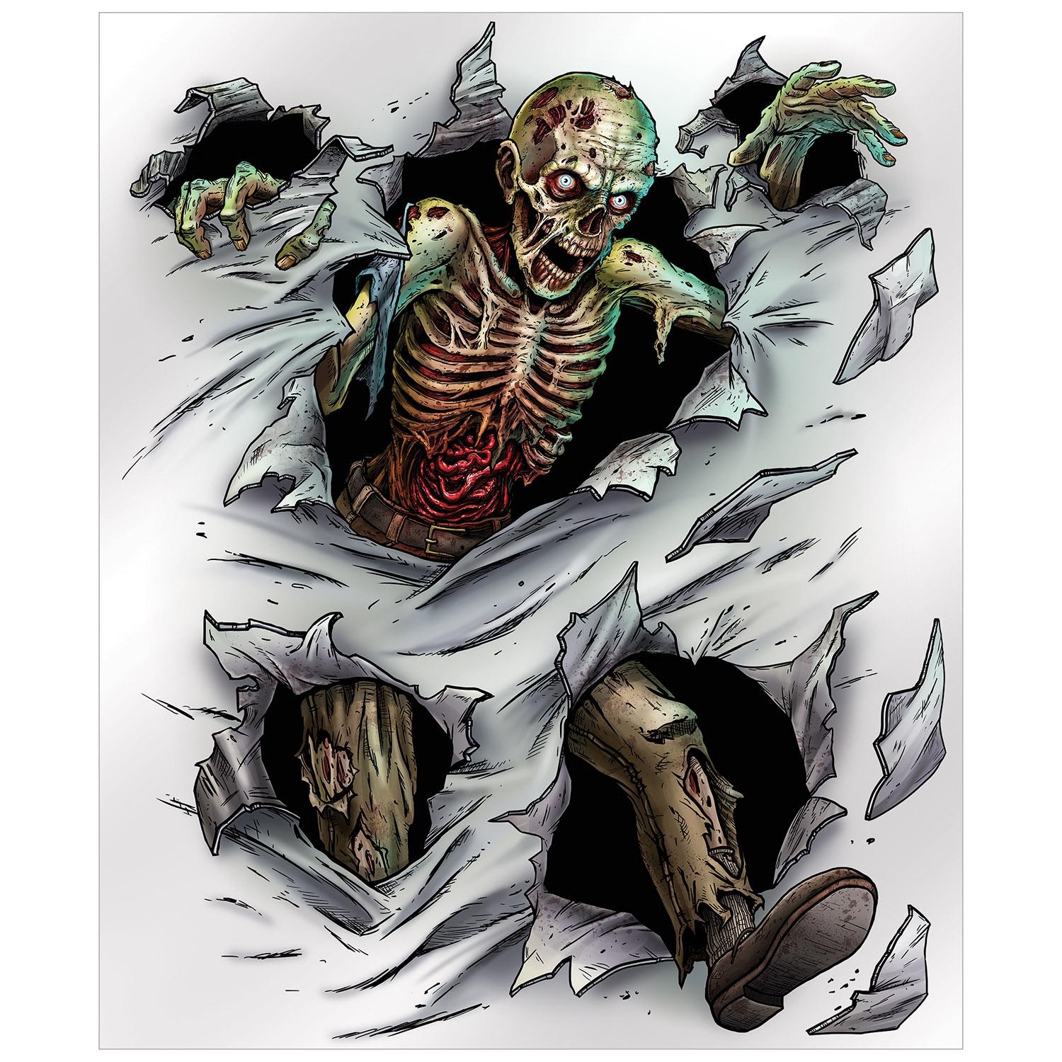 Halloween zombie insta-mural decoration hung on a wall as a photo booth backdrop