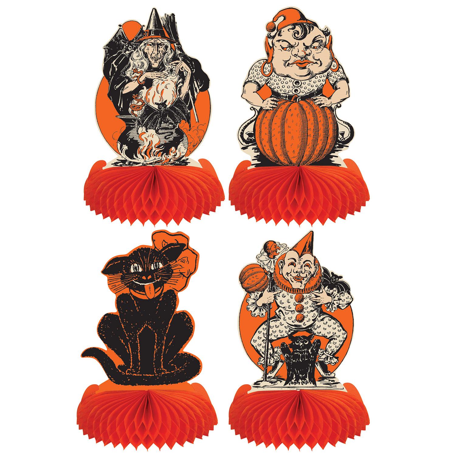 Vintage Halloween centerpieces in orange and black on honeycomb tissue bases, the type of decoration that needs careful flat storage