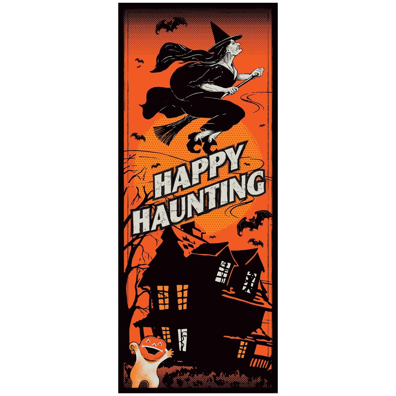 Vintage Halloween plastic door cover in orange and black sized six feet by thirty inches for a standard door