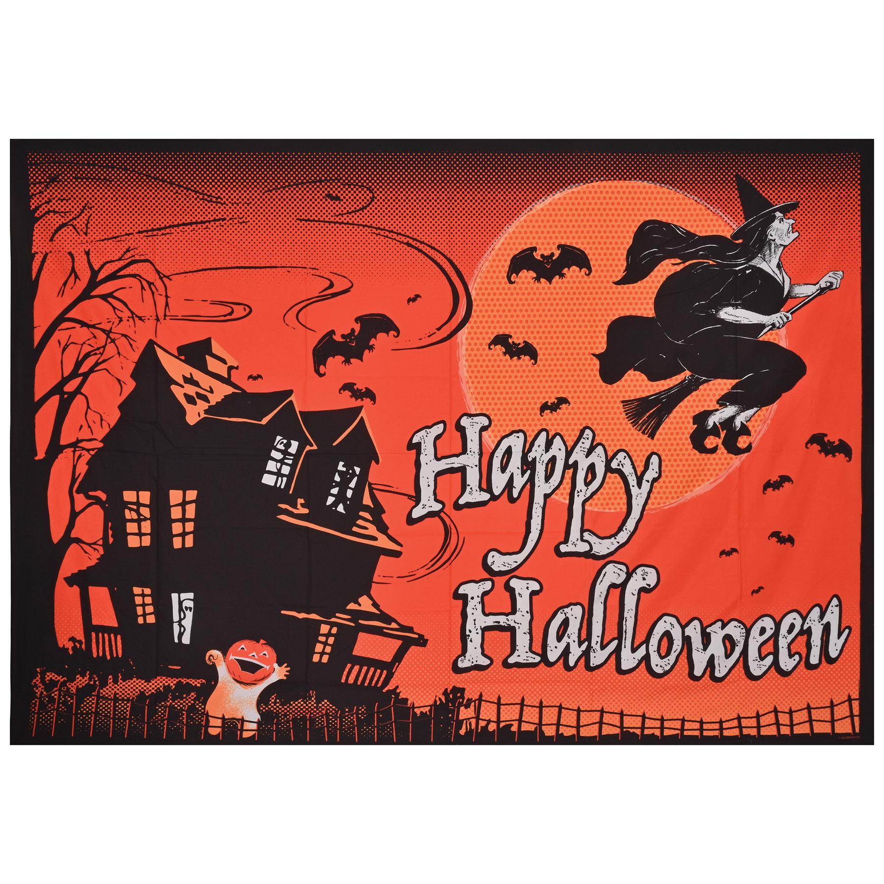 Vintage Halloween fabric backdrop in black and orange, five feet by seven feet, hung flat against a wall for an event photo area