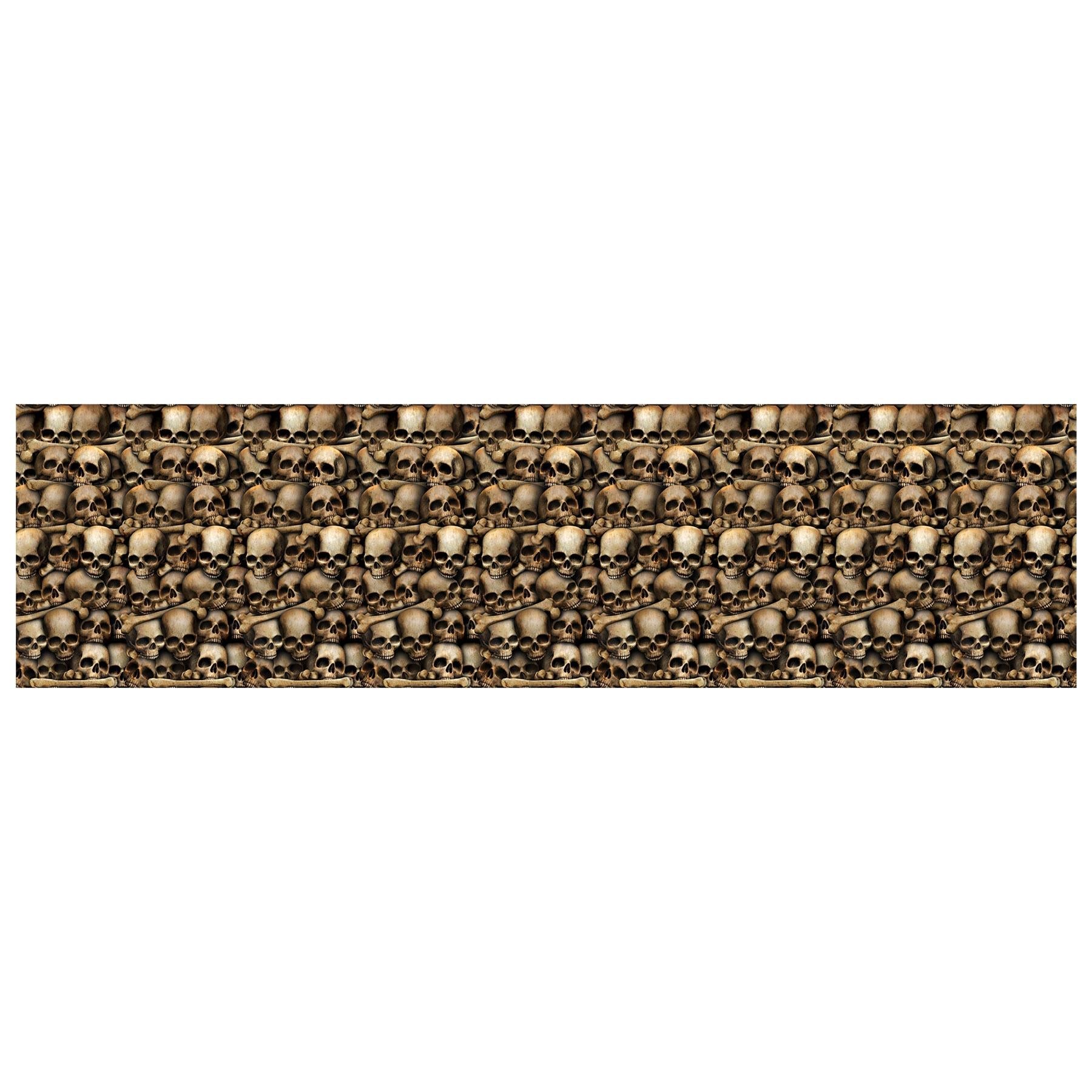 Halloween catacombs backdrop printed with skeleton detail, used as haunted house wall covering