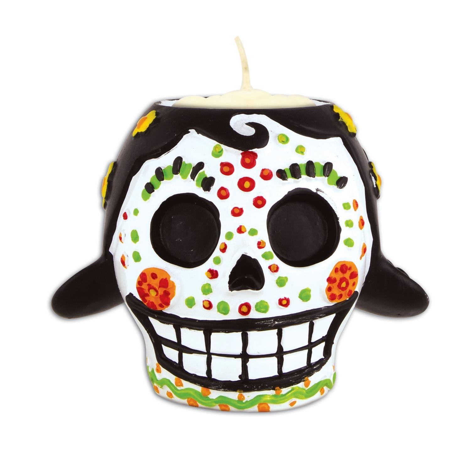 Detailed multicolor Day of the Dead female tea light holder sized for a standard tea light, suited to the front tier of an ofrenda