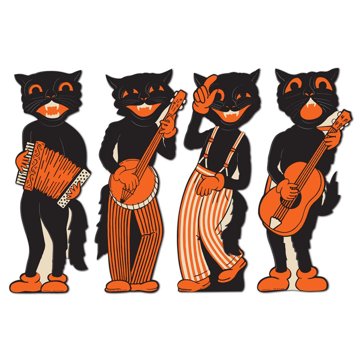 Four vintage Halloween scat cat band cutouts in flat orange and black, reproduced from 1941 artwork