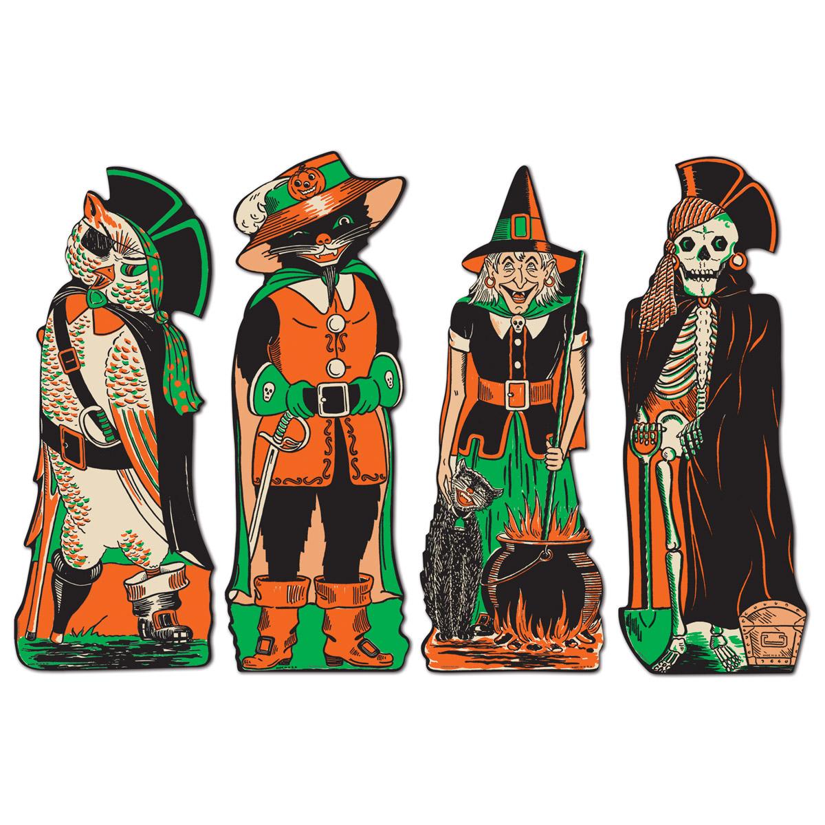 Vintage Halloween Fanci-Dress cutouts reproduced from circa 1950 artwork, including a witch and a pirate owl