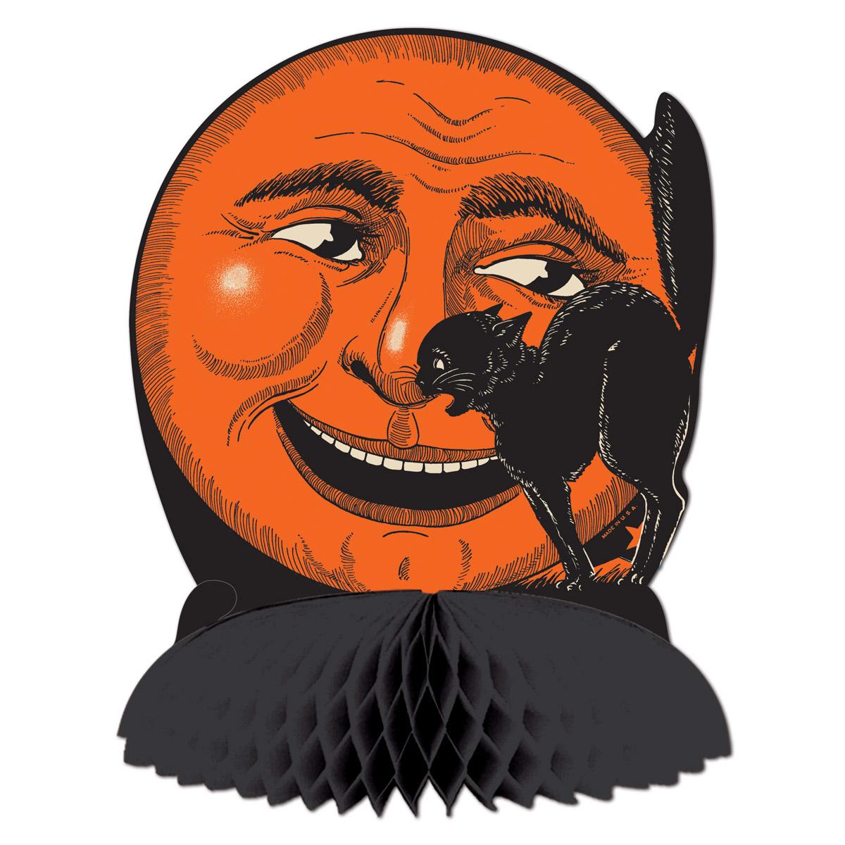 Black cat and crescent moon centerpiece in 1930s style, a high contrast tabletop Halloween decoration for senior living dining rooms