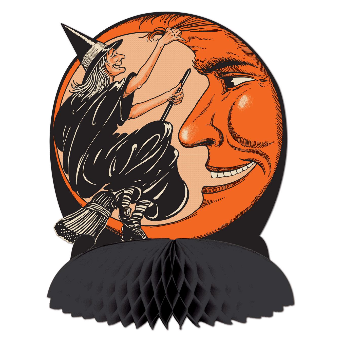 Vintage Halloween witch and moon honeycomb tissue centerpiece in black and orange on a party table