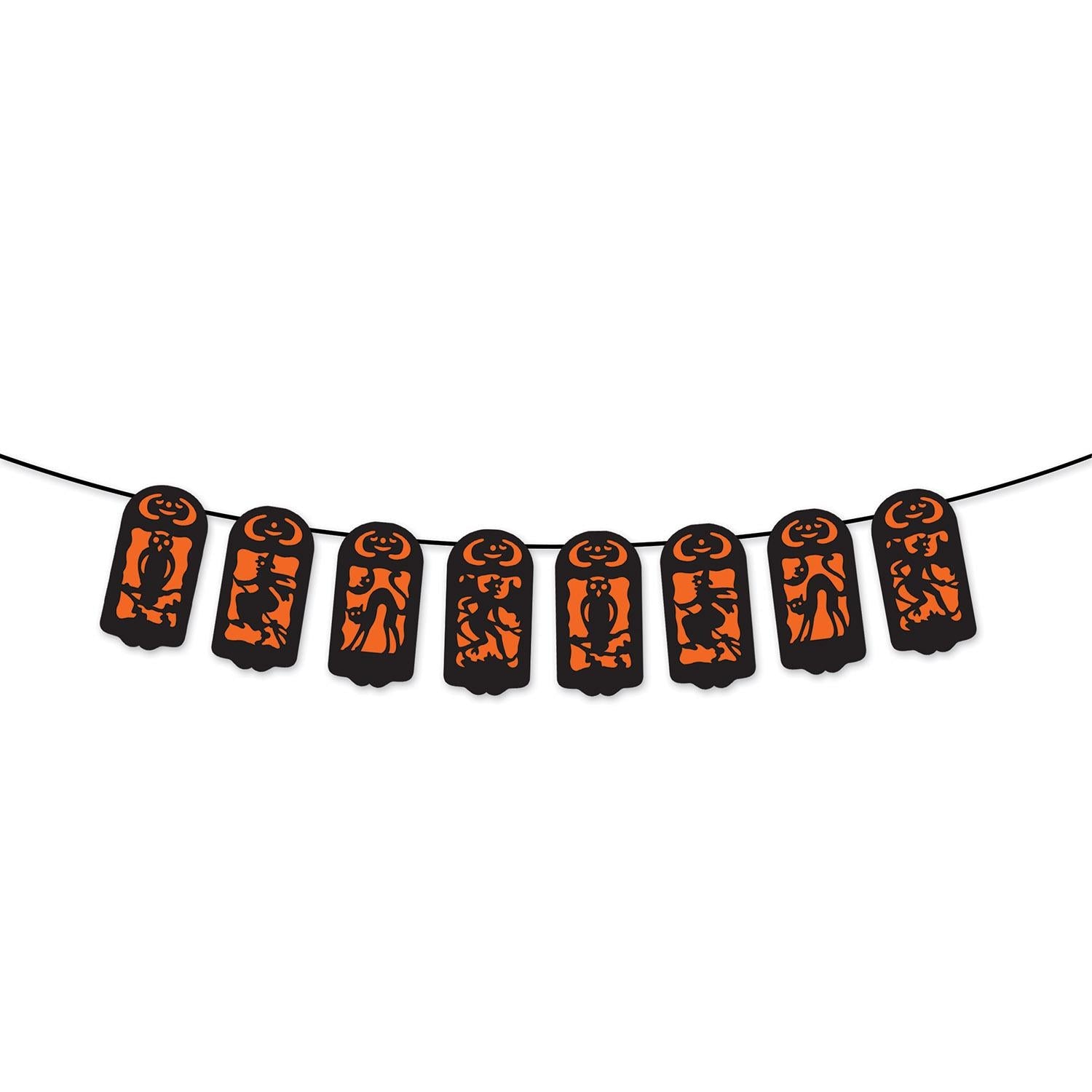Vintage Halloween string banner with eight black and orange silhouettes of witches, goblins, owls and cats strung on a six foot cord