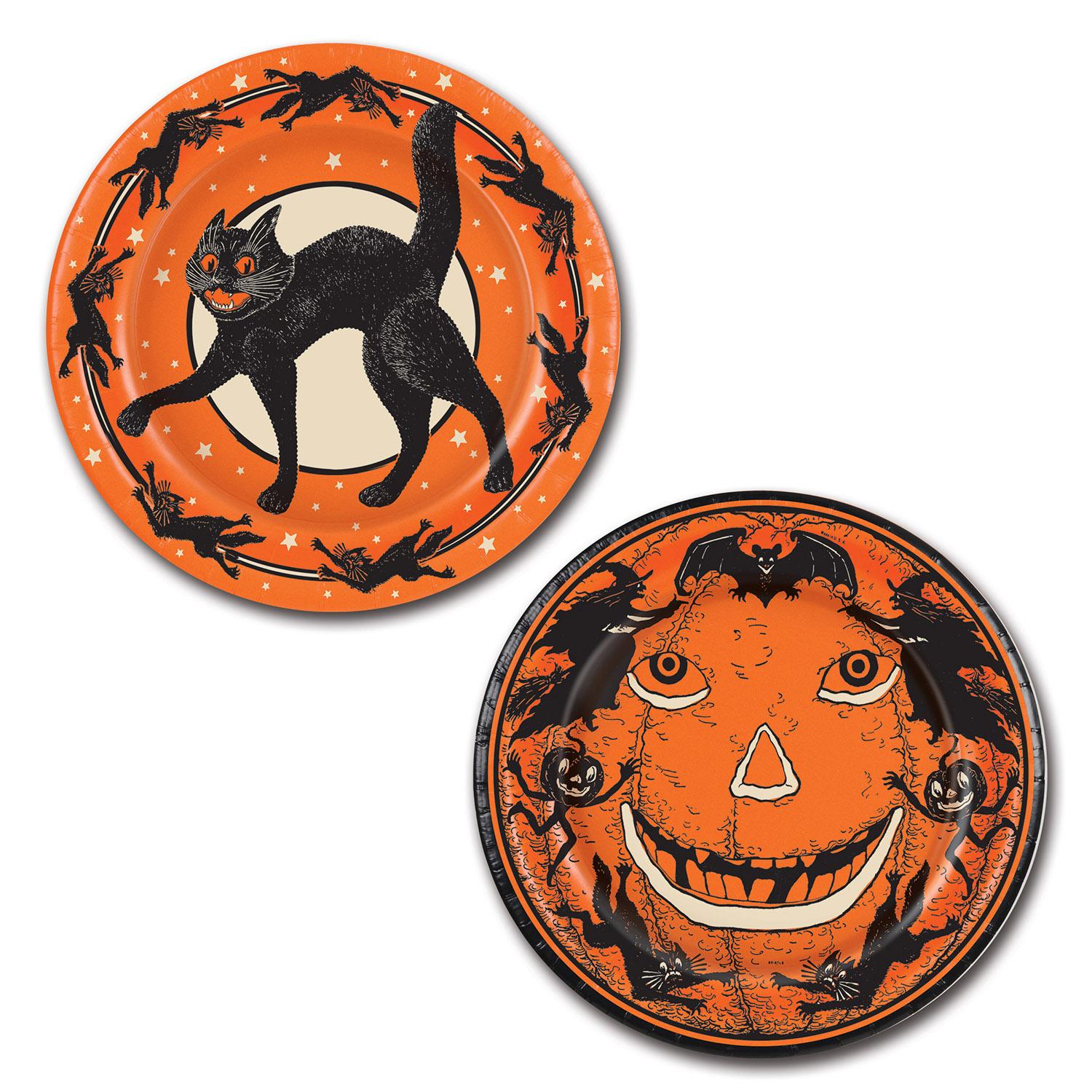 Vintage Halloween 9 inch paper plates printed with black cat and goblin designs in orange and black