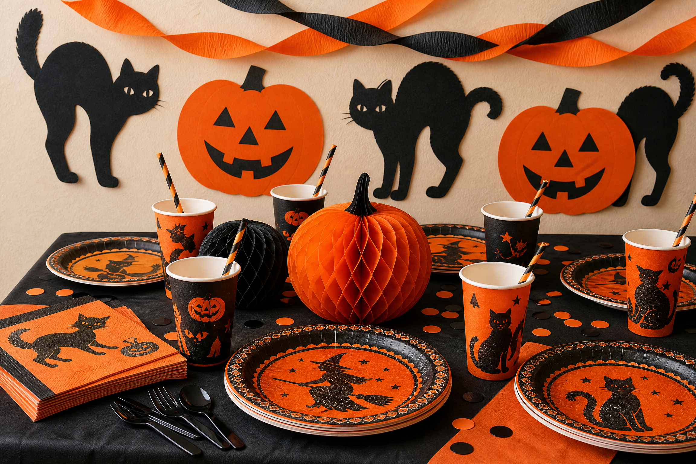 Vintage Halloween party table with retro party decorations