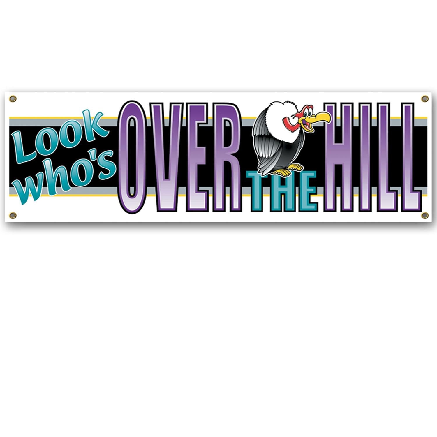 Purple and black Look Who's Over The Hill birthday sign banner hanging above a doorway