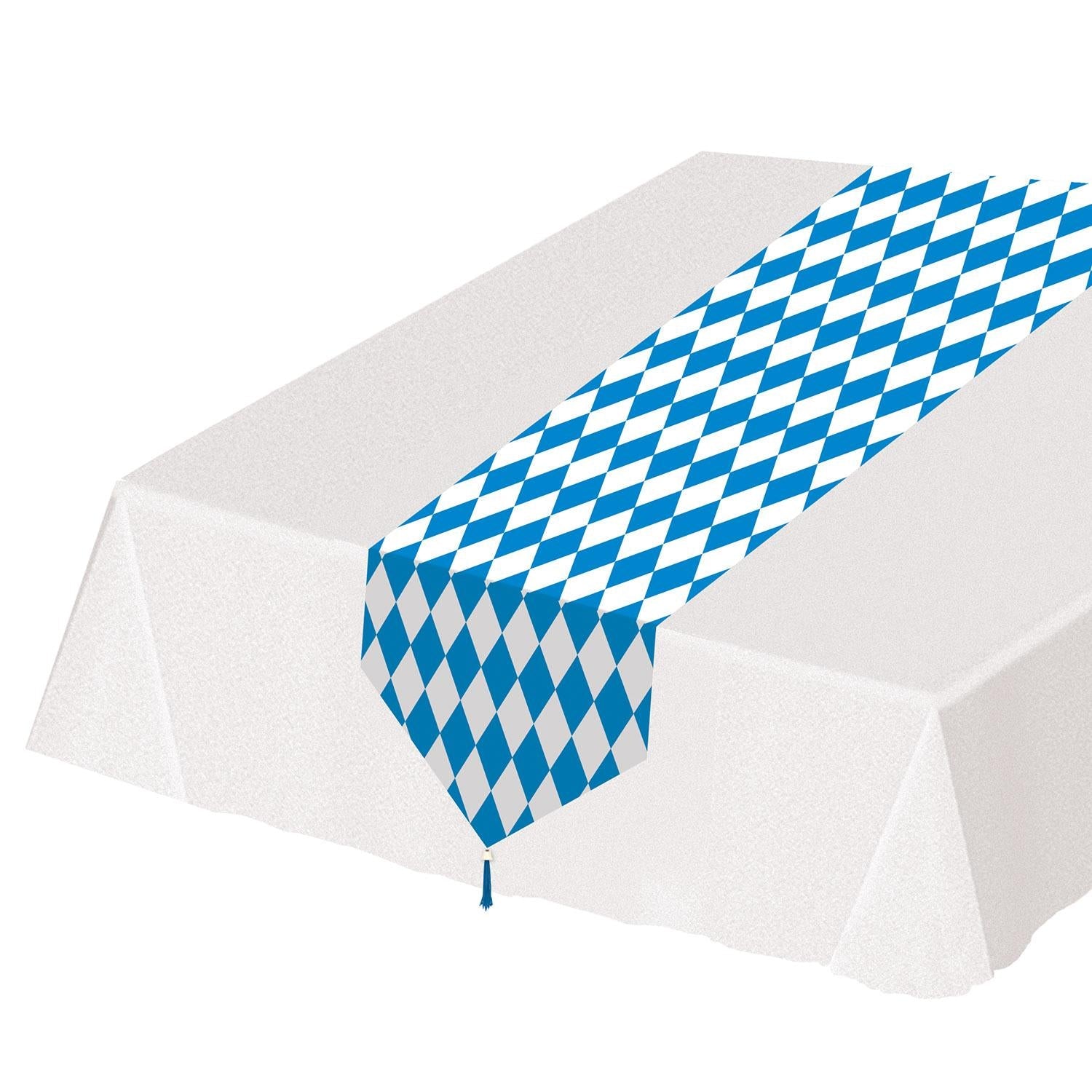 Printed blue and white Oktoberfest paper table runner down the center of a long banquet table