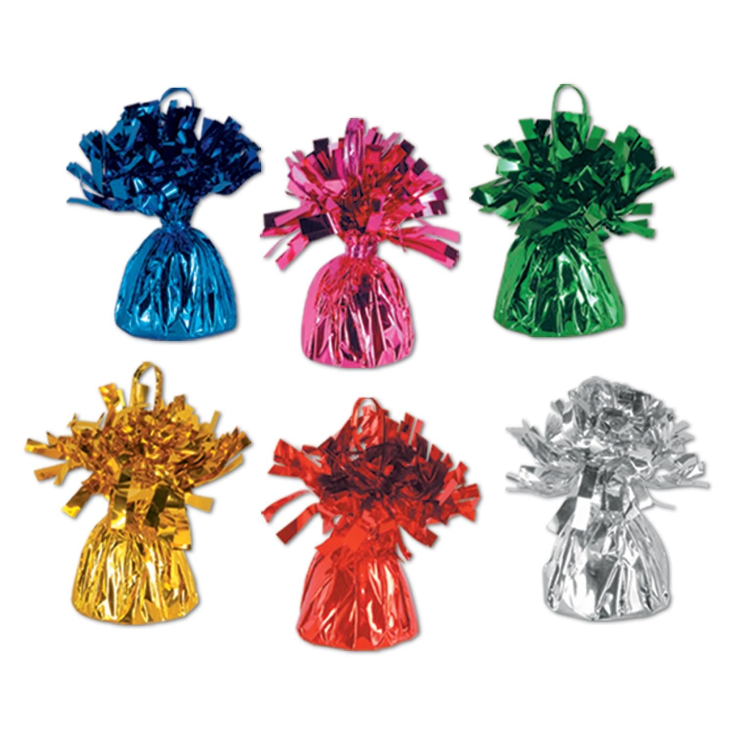 Assorted metallic wrapped 6 ounce balloon weights used to anchor helium balloon clusters on a party table