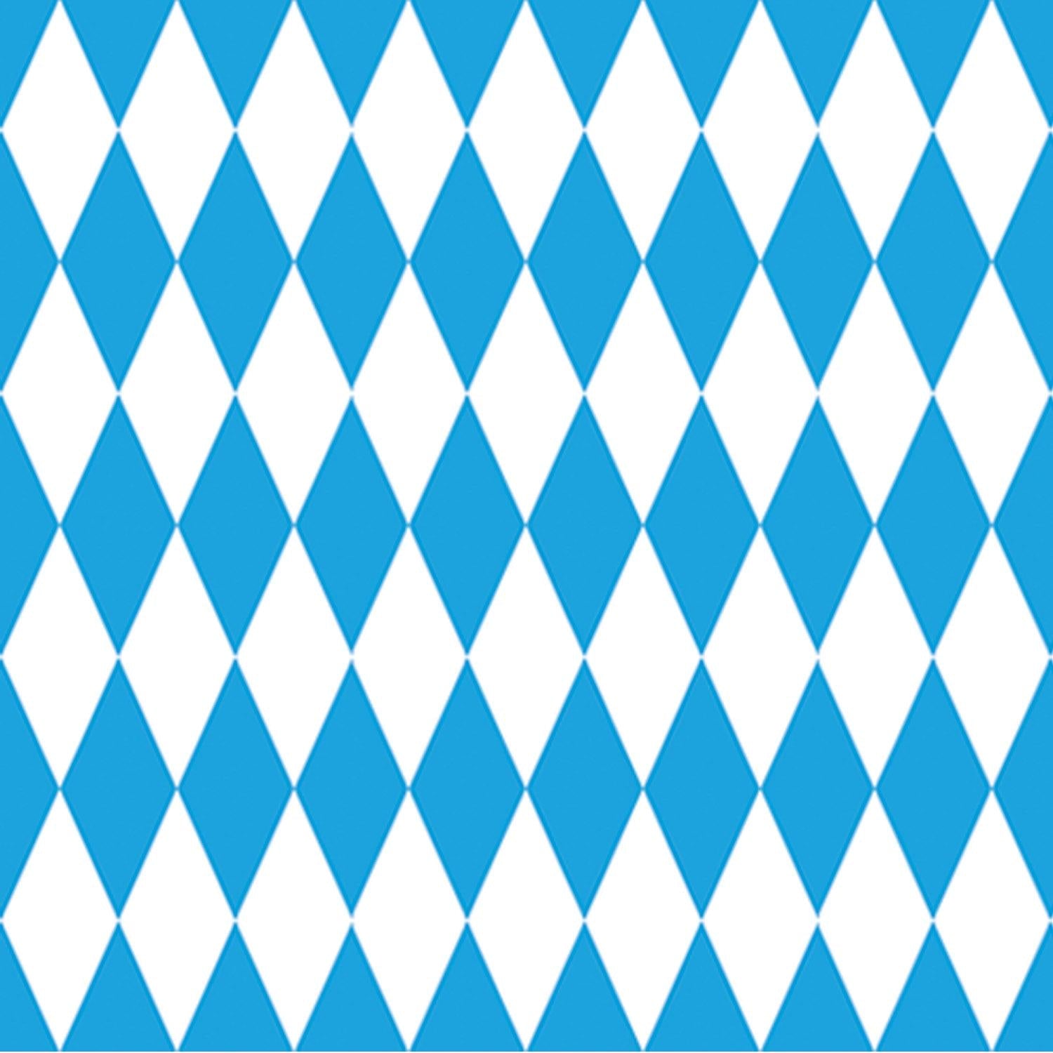 Bavarian blue and white diamond pattern backdrop rolled out along a party wall