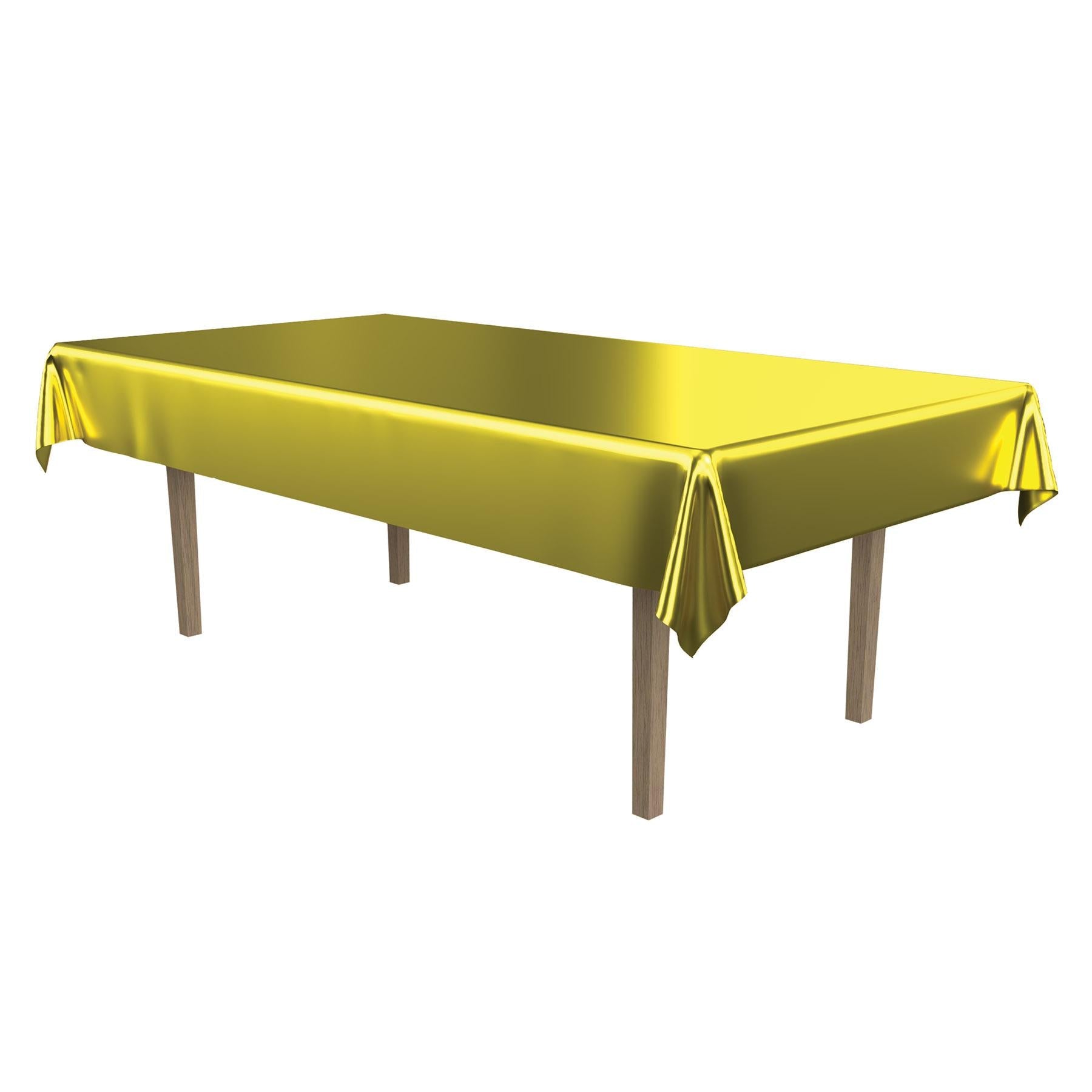 Gold metallic rectangular tablecover set up for a corporate office holiday party