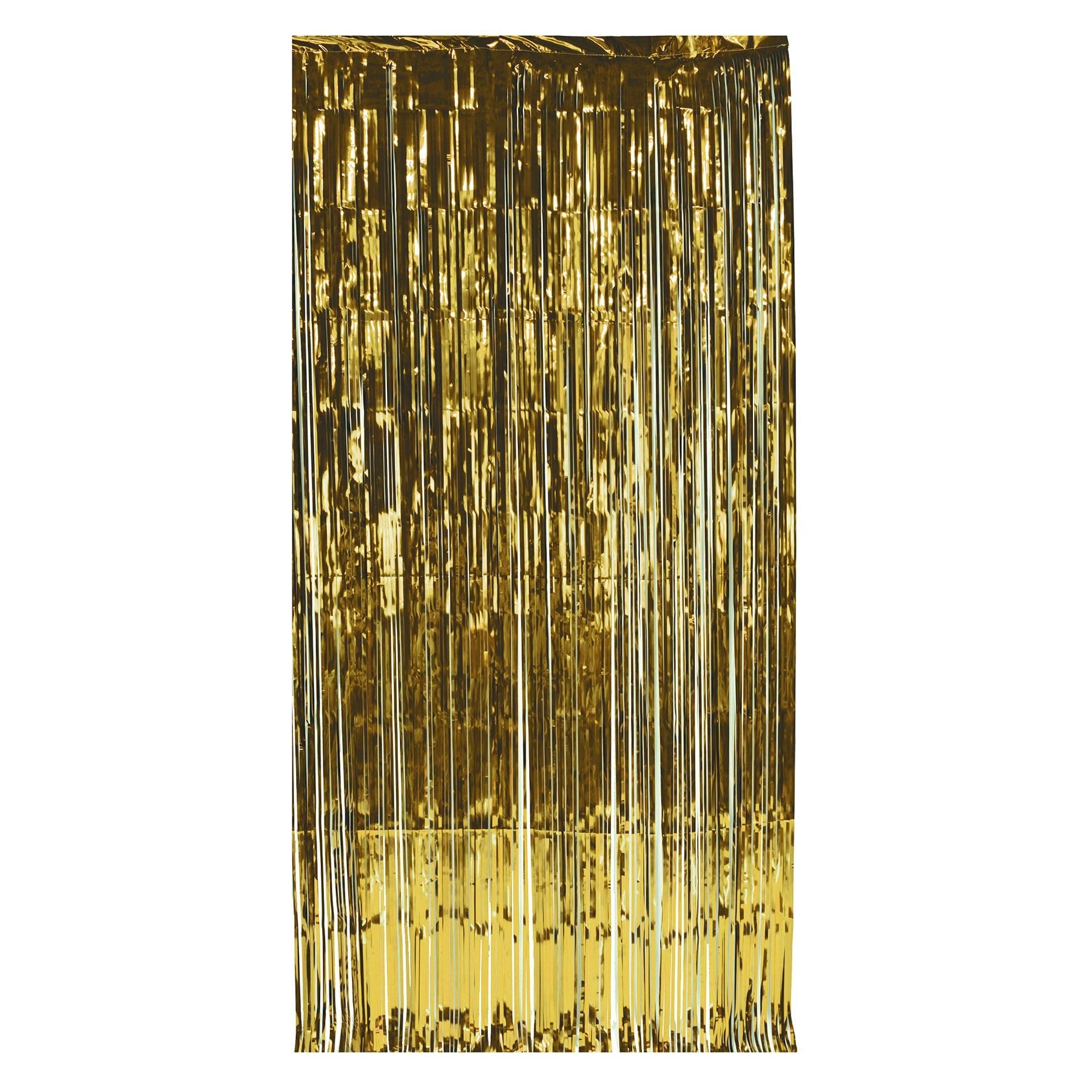 Gold 1-ply gleam n party curtain, 8 feet by 3 feet, hanging as a backdrop in an event space
