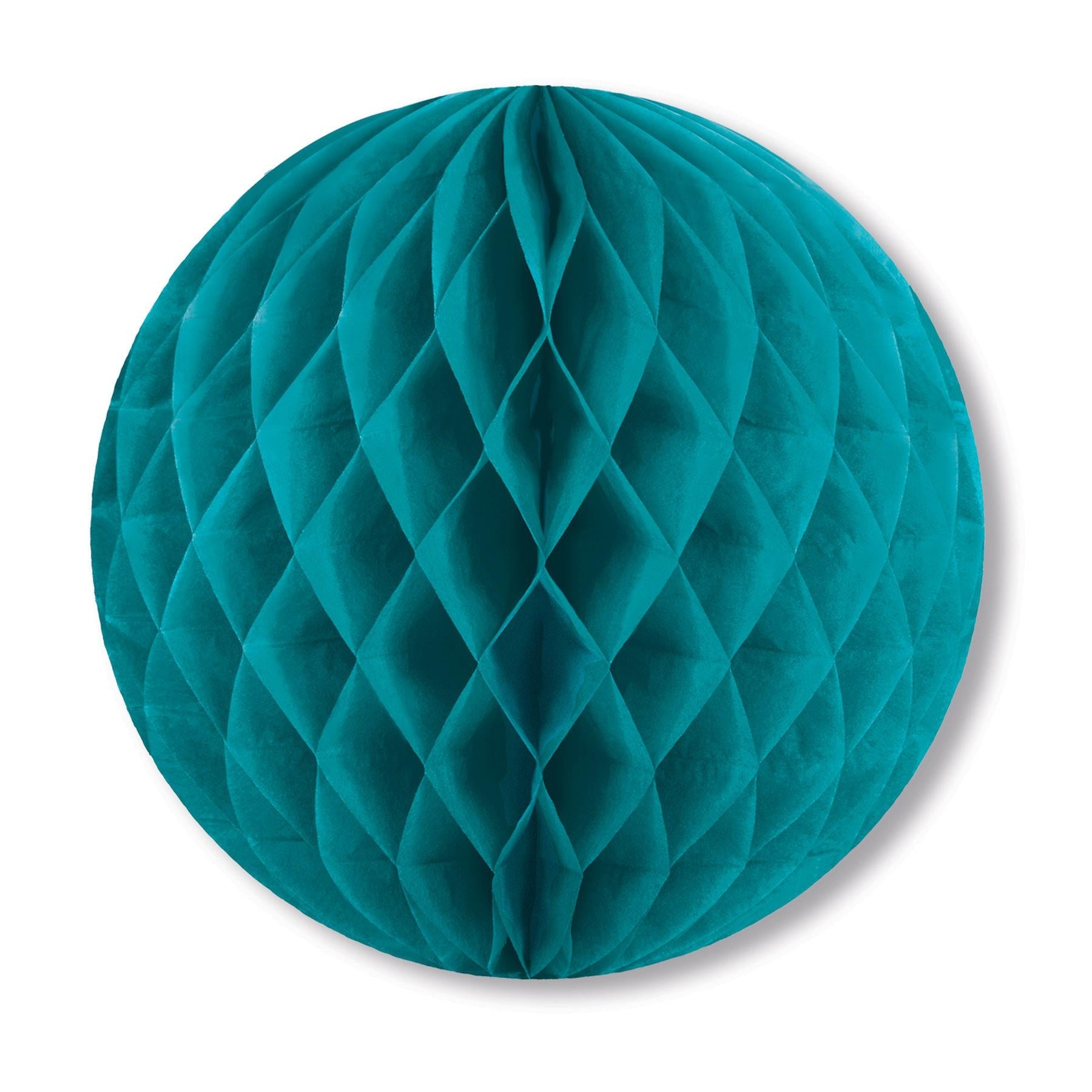 Turquoise 12 inch hanging paper tissue ball used to break up the length of a long narrow party room