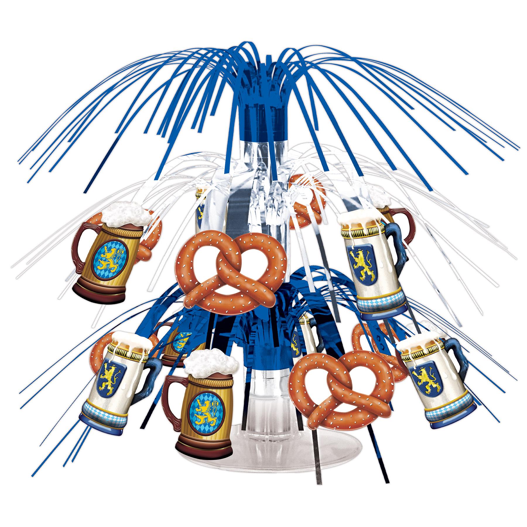 Low blue and brown Oktoberfest cascade centerpiece on a covered banquet table