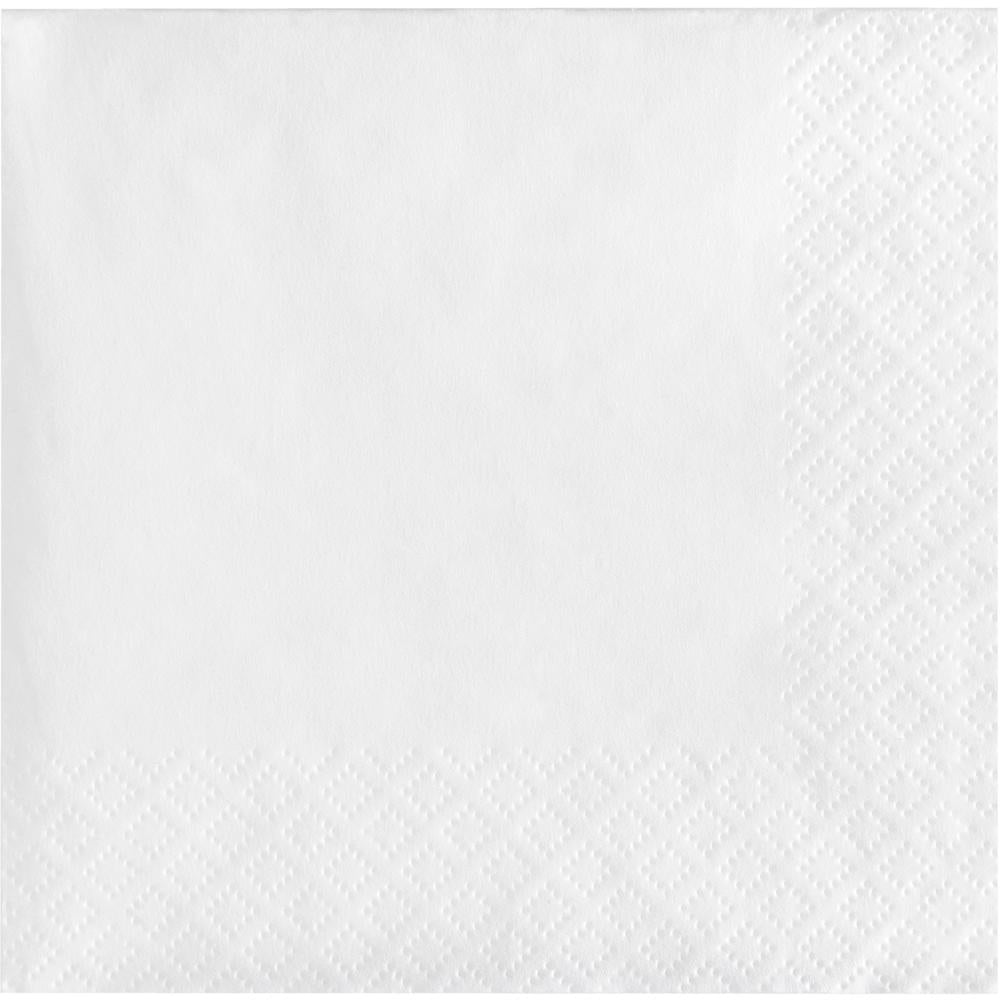 White 3 ply beverage napkins in a sealed poly sleeve, 500 per case, stored for reuse