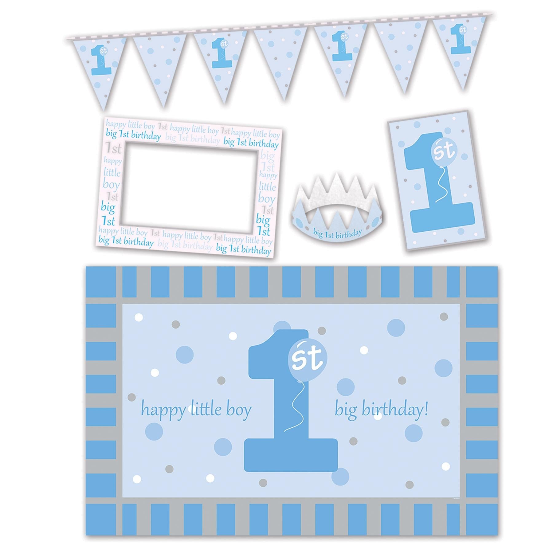 Blue and white five piece first birthday high chair decorating kit with plastic floor mat and felt crown
