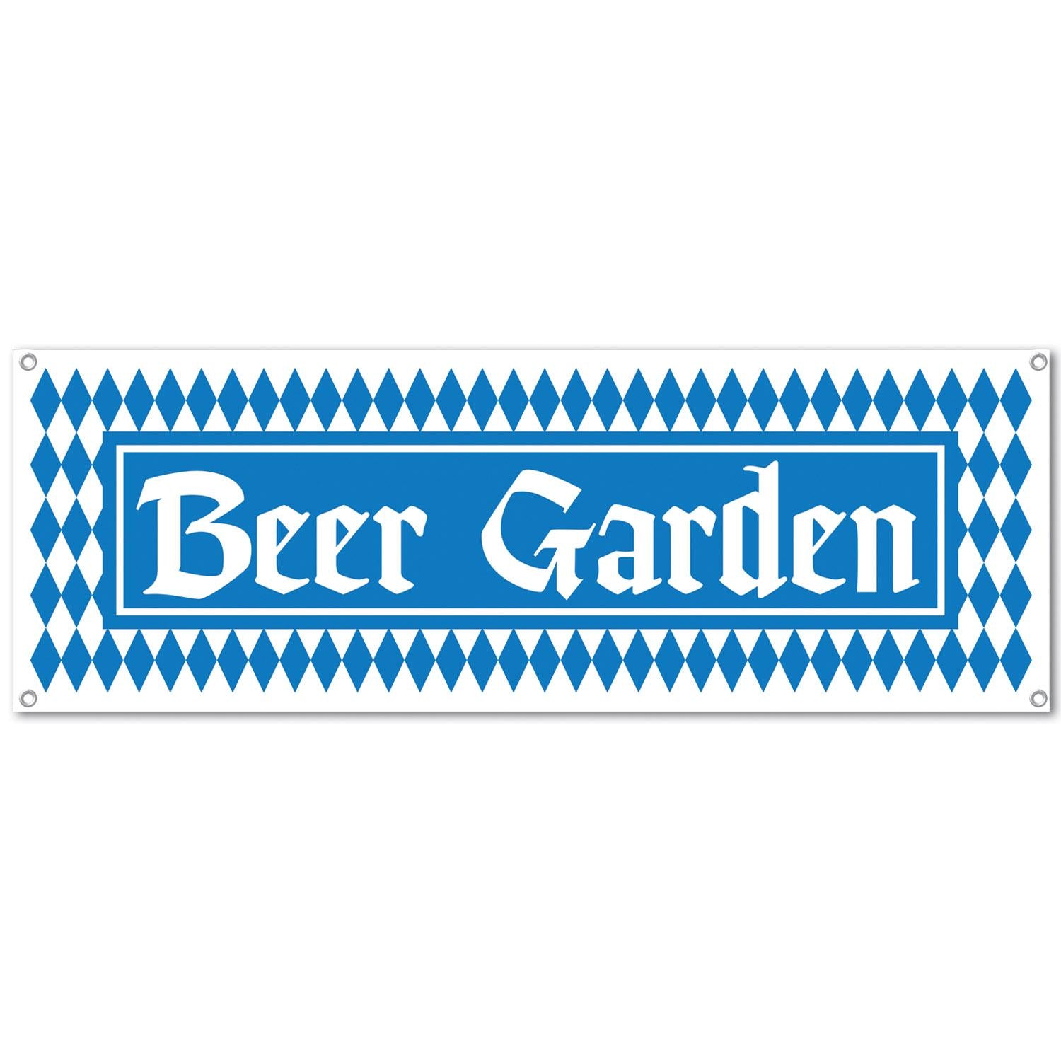 All-weather blue and white Beer Garden sign banner with corner grommets tied to a fence