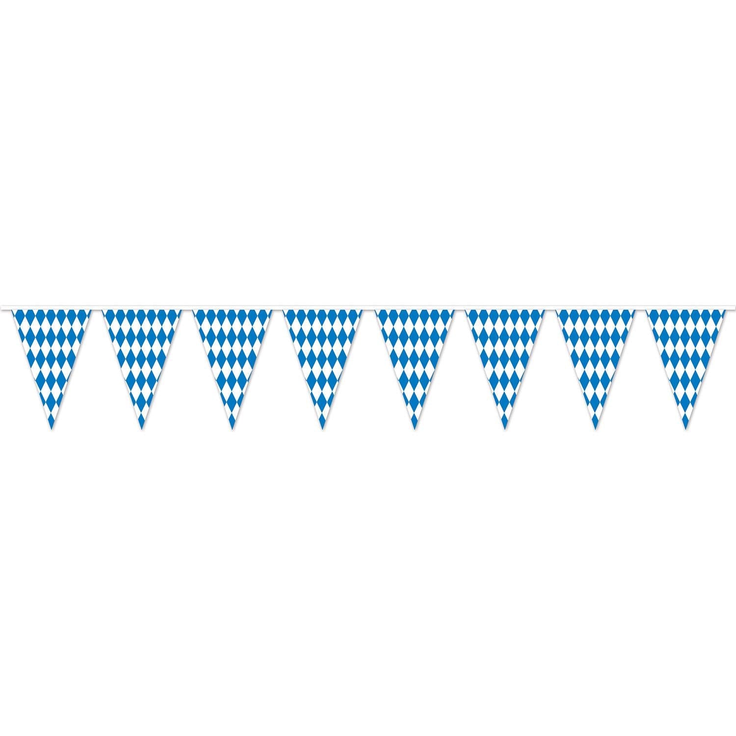 Blue and white Oktoberfest pennant banner strung along a bar ceiling above the taps