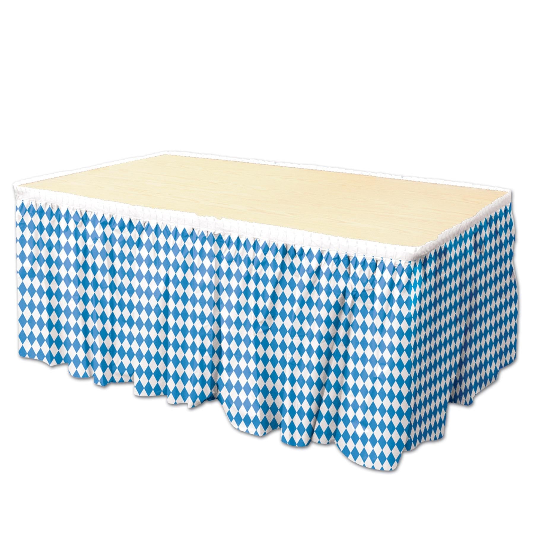 Self-adhesive blue and white Oktoberfest table skirt wrapped around a brewery merch table