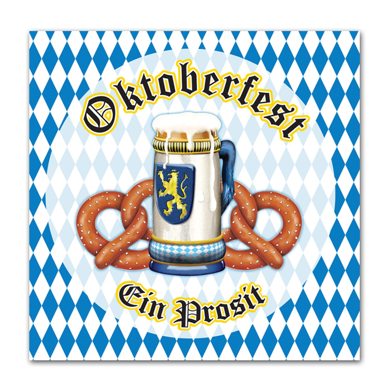 Blue and white Oktoberfest luncheon napkins stacked next to matching paper plates