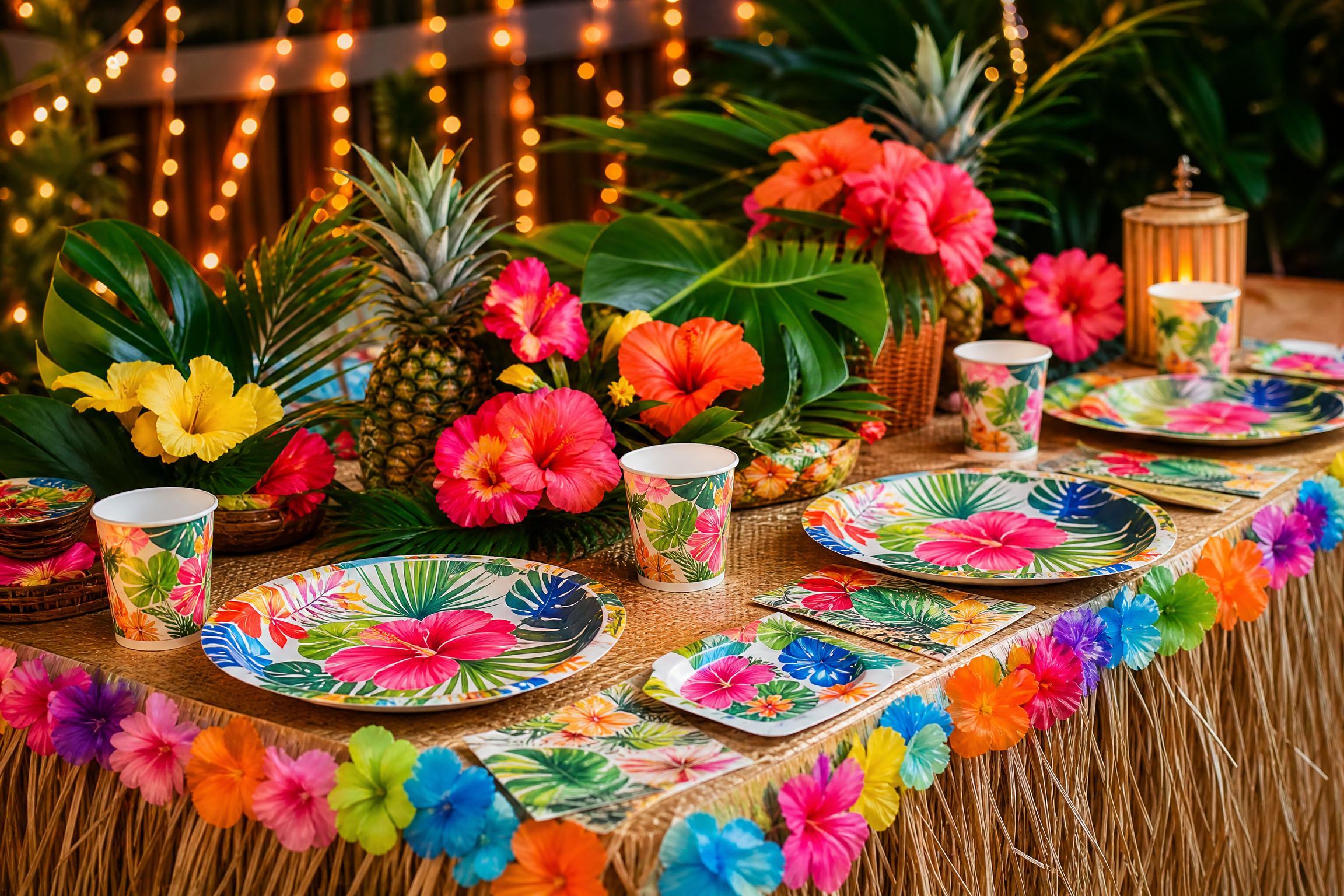 Tropical luau party table with colorful party supplies