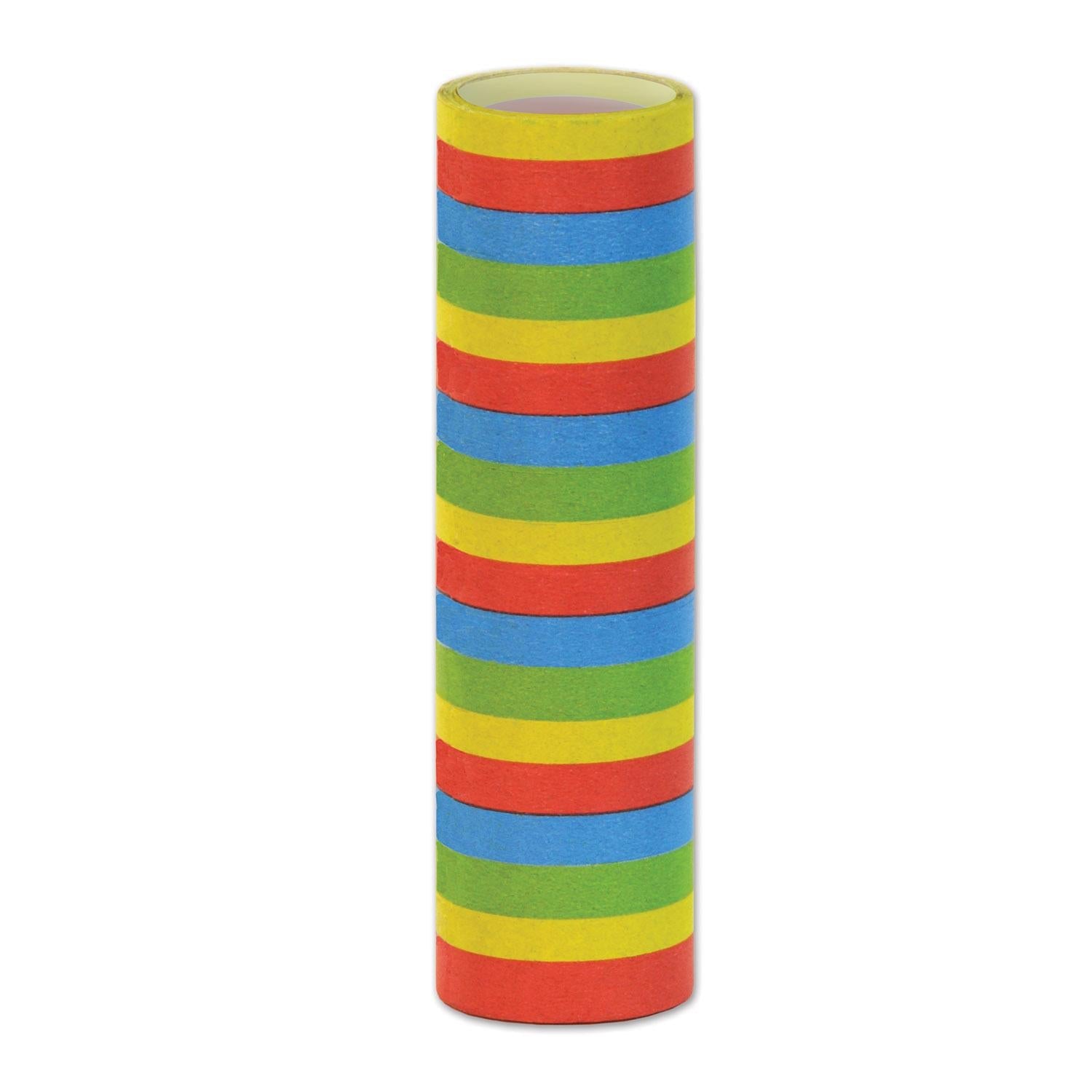 Rolls of multicolor flame resistant serpentine throws for a New Year's Eve countdown