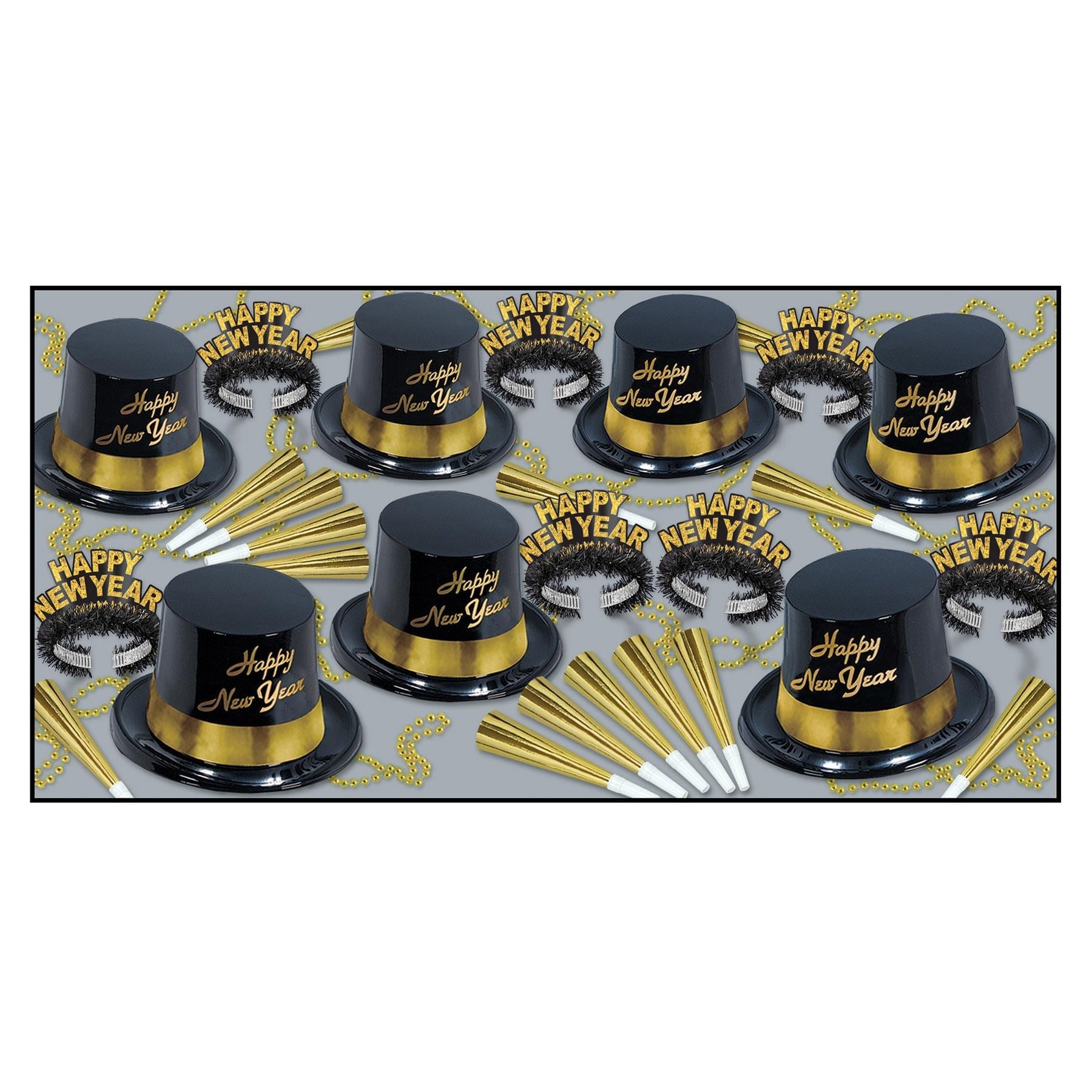 Black and gold New Year's Eve party kit contents laid out for twenty-five guests