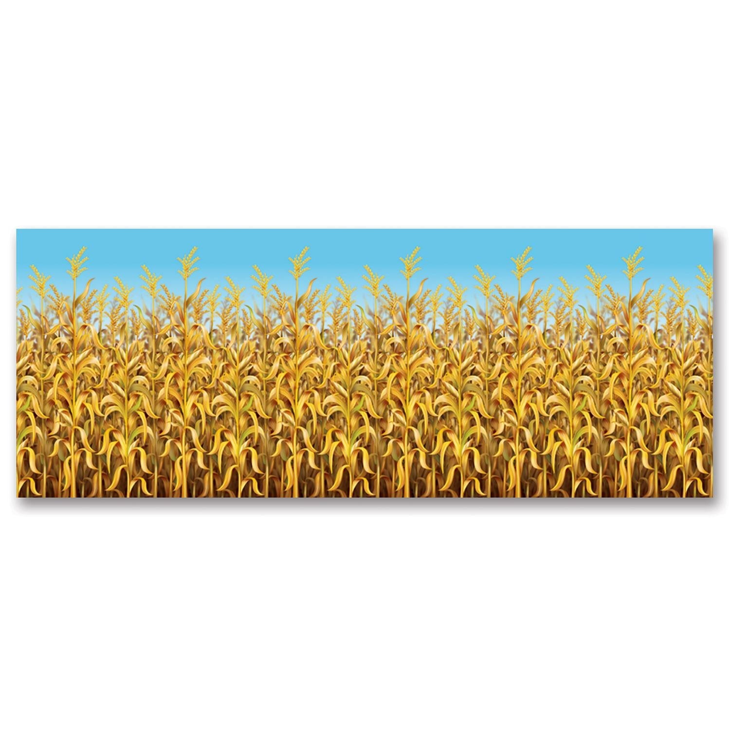 Printed cornstalks backdrop covering a wall at a large Thanksgiving community meal