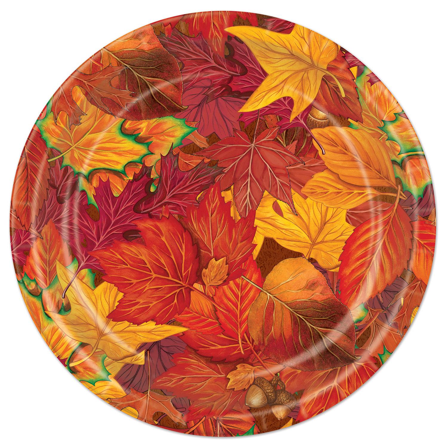 Nine inch fall leaf paper plates stacked for a large casual Friendsgiving buffet