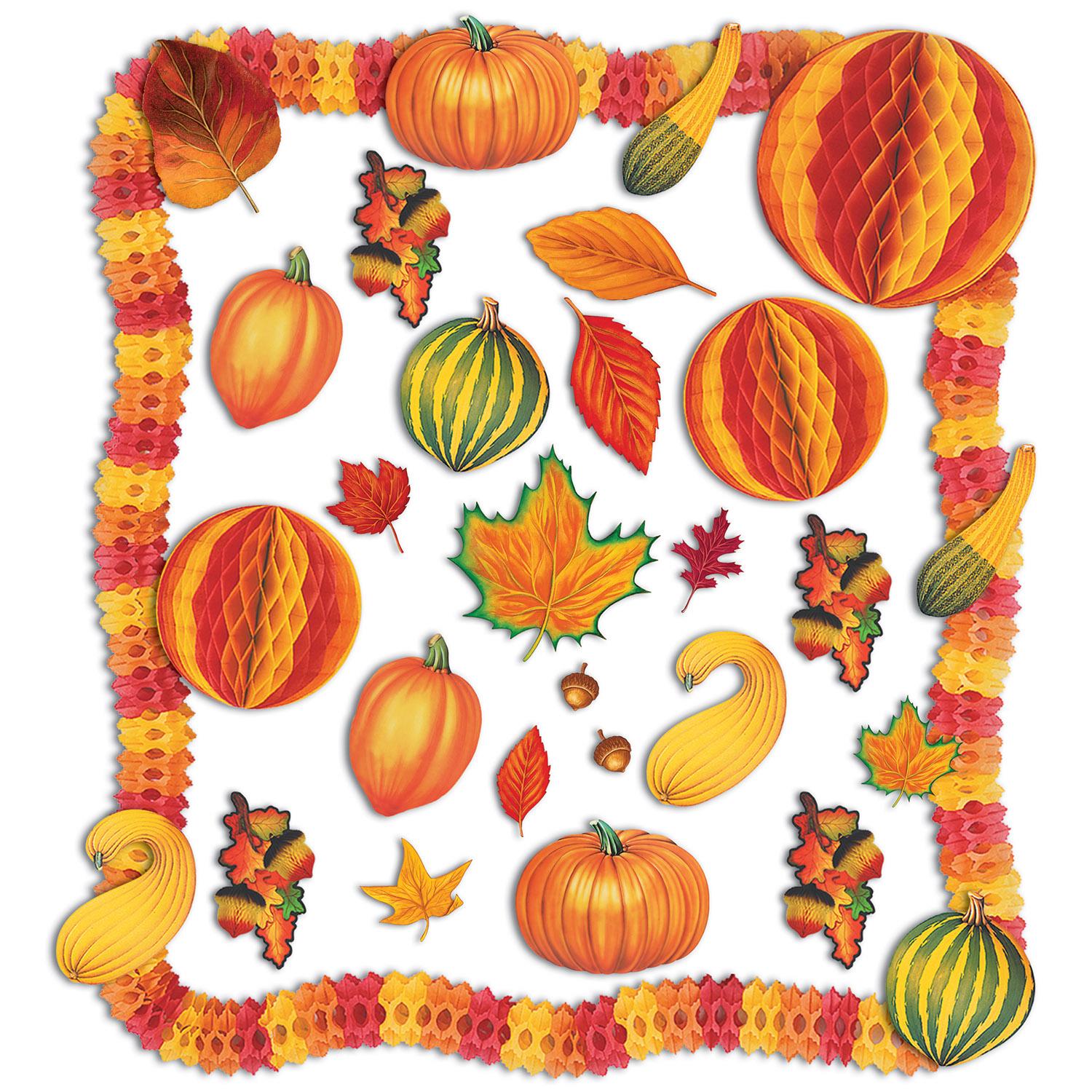 Thirty four piece fall decorating kit with orange and yellow tissue fans, acorns, garlands and leaf cutouts