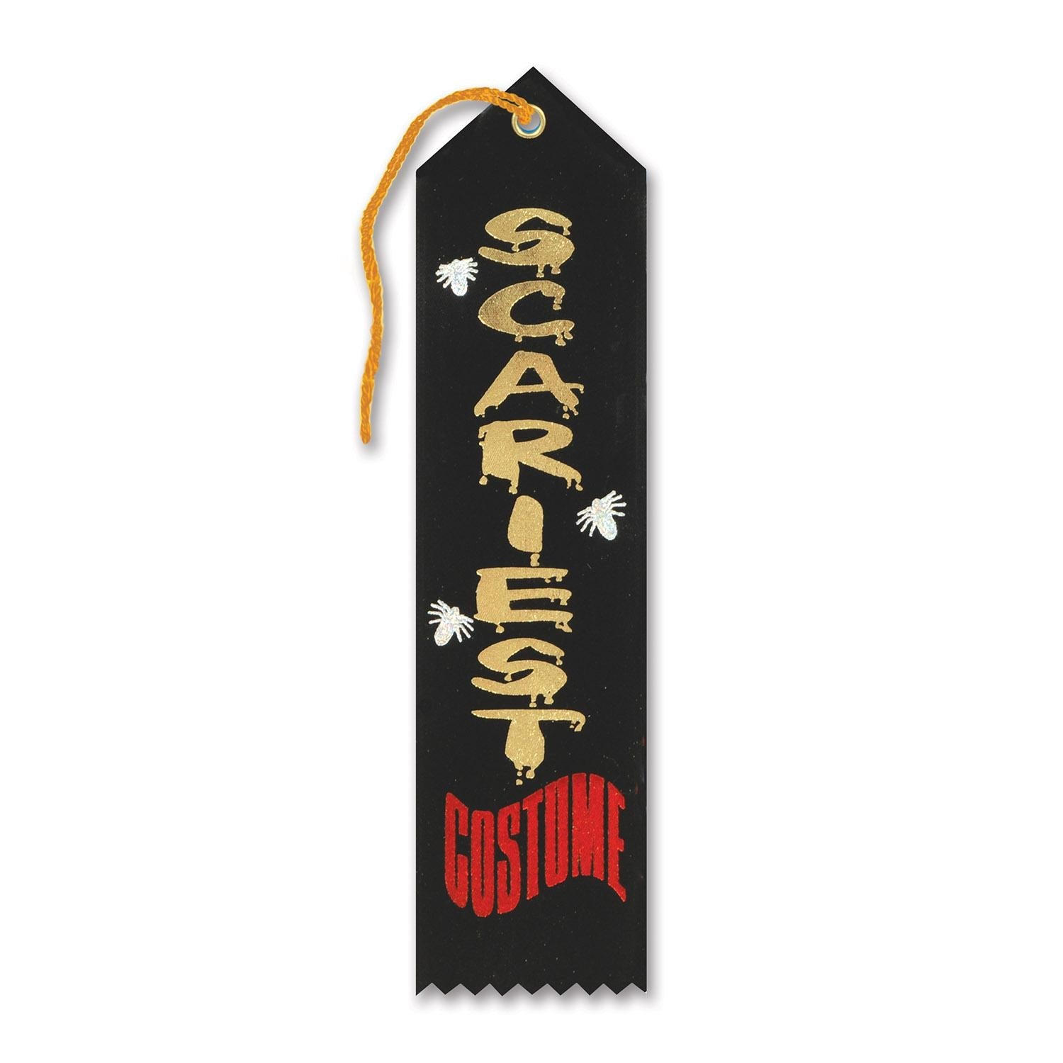 Halloween scariest costume award ribbon in black and gold, two by eight inches