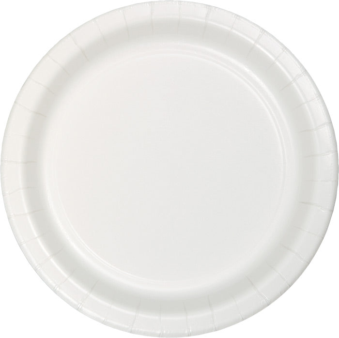 A case of white sturdy style 8.75 inch paper dinner plates, 240 per case, stacked for a bulk party order