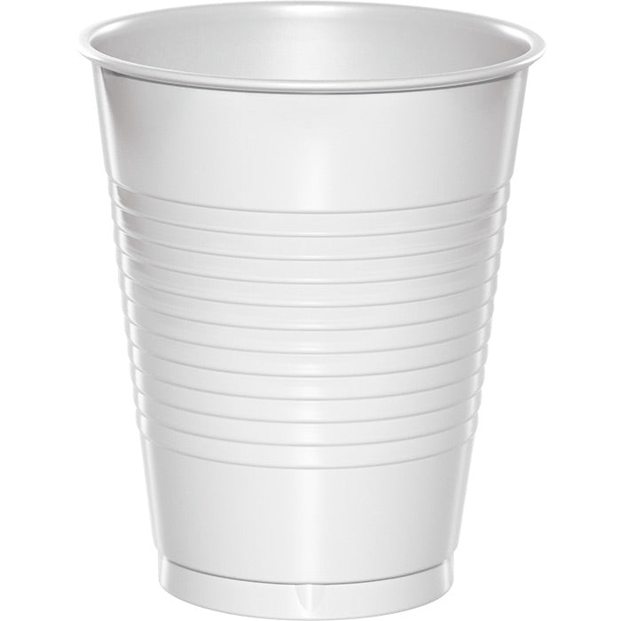White 16 ounce plastic party cups stacked for a self-serve drink station, sold by the case