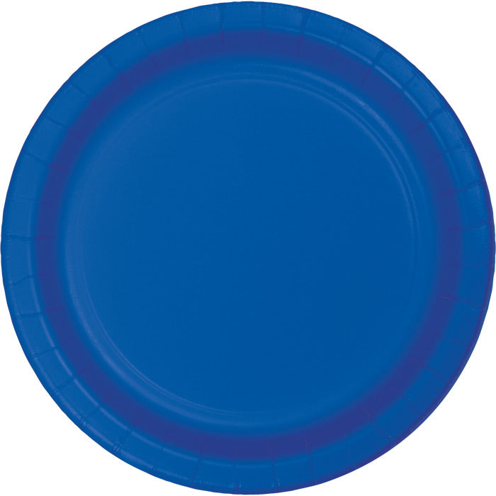 Cobalt blue sturdy style 8.75 inch paper dinner plates, 240 per case, part of a standardized solid color palette