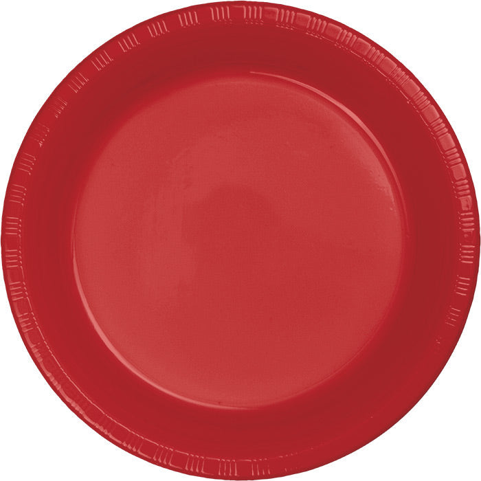 Stack of classic red 6.75 inch plastic dessert plates from a bulk case of solid color party tableware