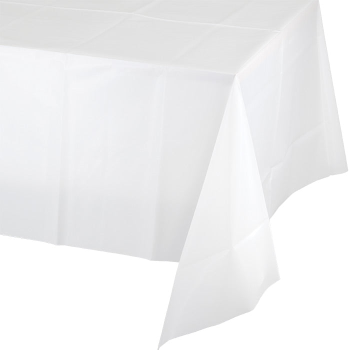 White plastic table covers 54 by 108 inch, 12 per case, the fastest visual fix for a late party order